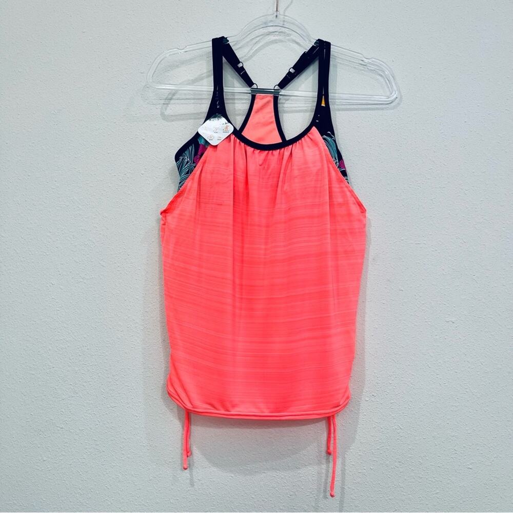 ZeroXposur Neon Orange Ruched Tankini Top UPF 30 Sun Smart Quick Dry Medium 10